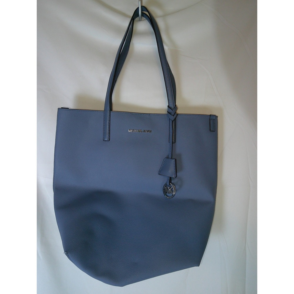 Michael Kors Slate Blue Pebbled Leather Tote Bag Silver Hardware Logo Charm